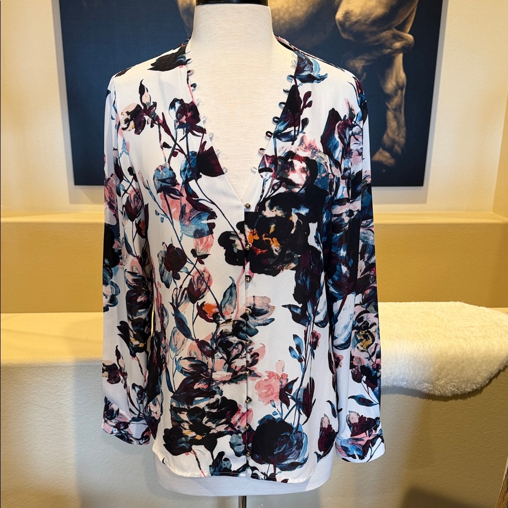 Ivanka Trump Floral V-Neck Blouse in White, Navy, Pink and Teal